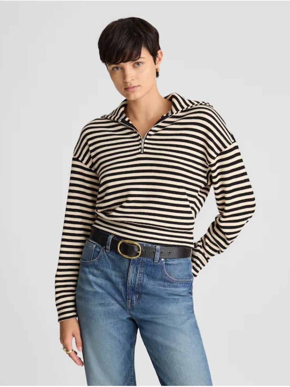 Women’s Black and Cream Stripe Half-Zip Sweater - MADEWELL